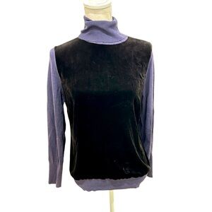 Etcetera two tone steel blue knit black velvet front turtleneck sweater medium